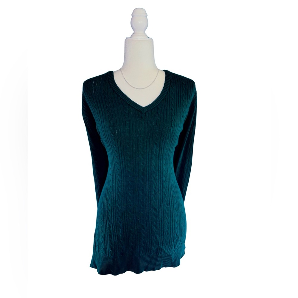 Basic Editions Deep Green V-Neck Cable Knit Pull Over Sweater Size 2X